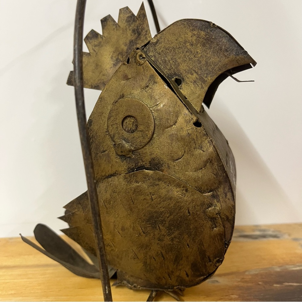 Vintage Metal Brutalist Parrot Sculpture MCM Art On Perch Decor